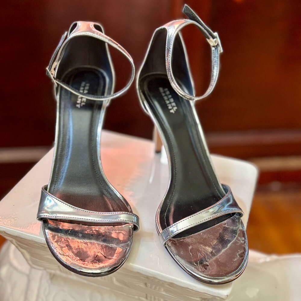 ISABEL MARANT Ailisa Silver Metallic Leather Sandal Stilettos Bridal Size 38